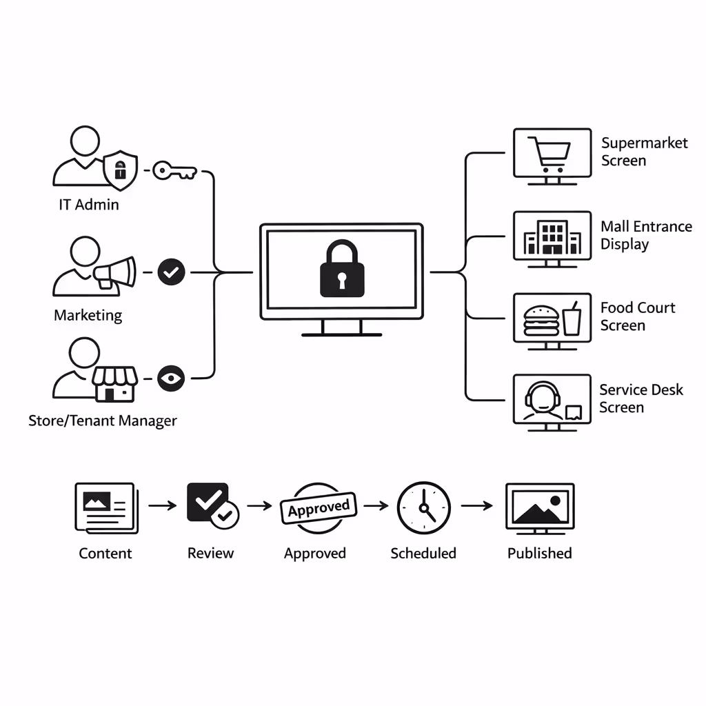 Centralized permissions for supermarket and shopping mall digital signage in Disign