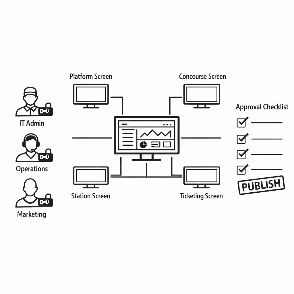 Role based permissions for centralized train station digital signage management in Disign