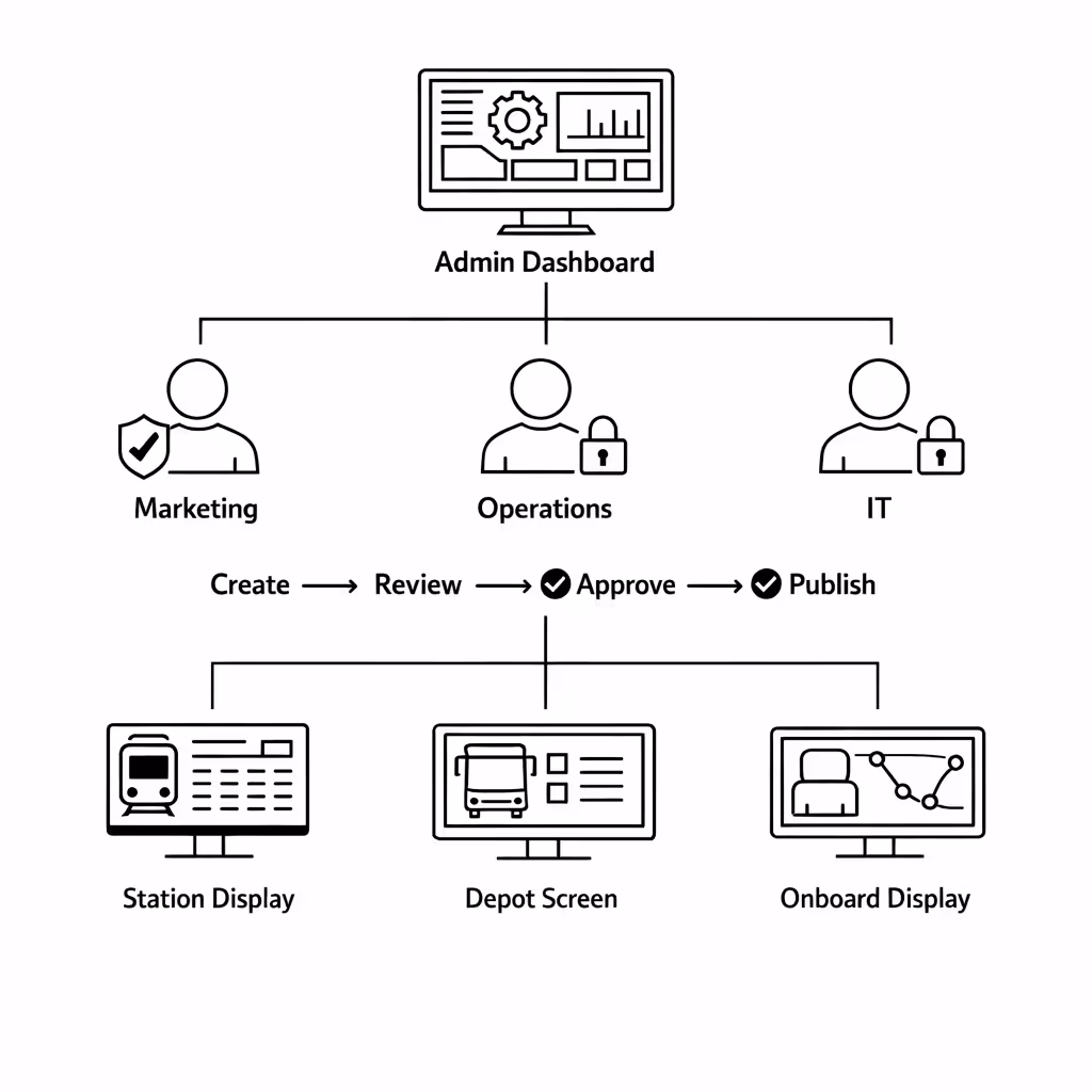 Centralized content management permissions for transportation digital signage in Disign