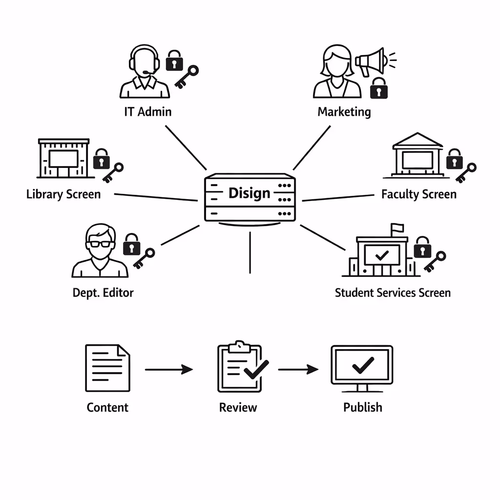 Role based permissions for university digital signage in Disign
