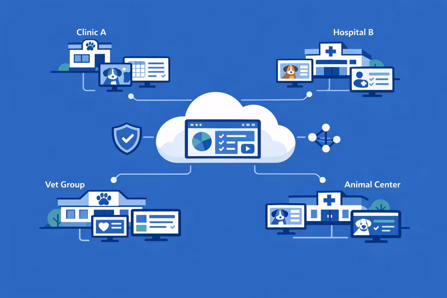 Enterprise veterinary digital signage setup controlling many screens and multiple organizations from a single account with segmentation by brand and location