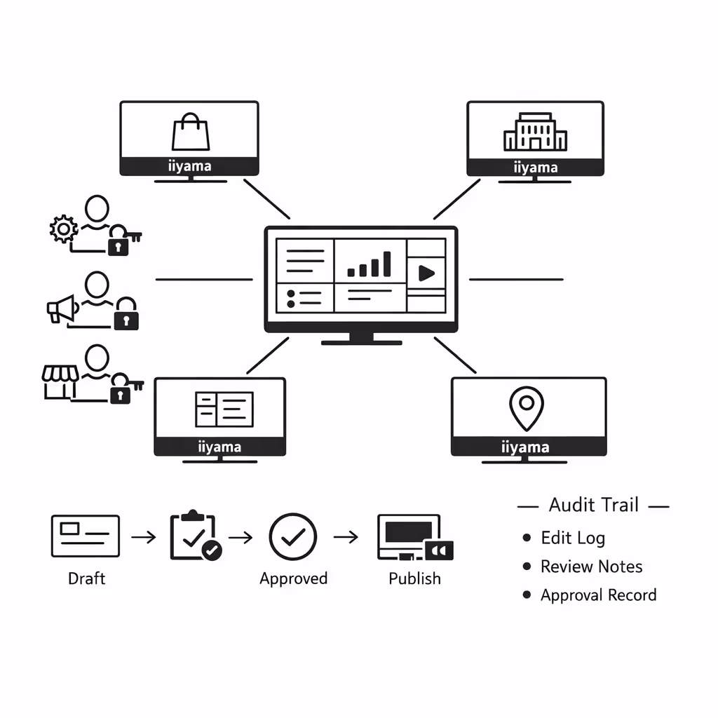 Disign permissions and approvals for centralized iiyama digital signage content management
