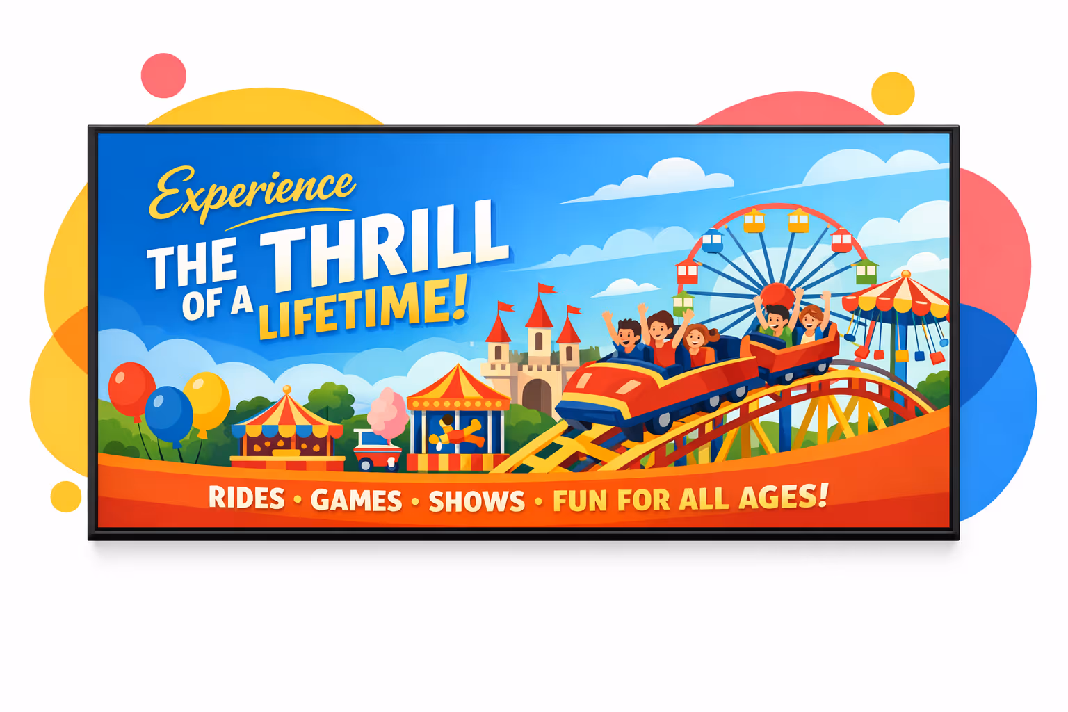 Amusement park digital signage screen showing wait times and offers powered by Disign
