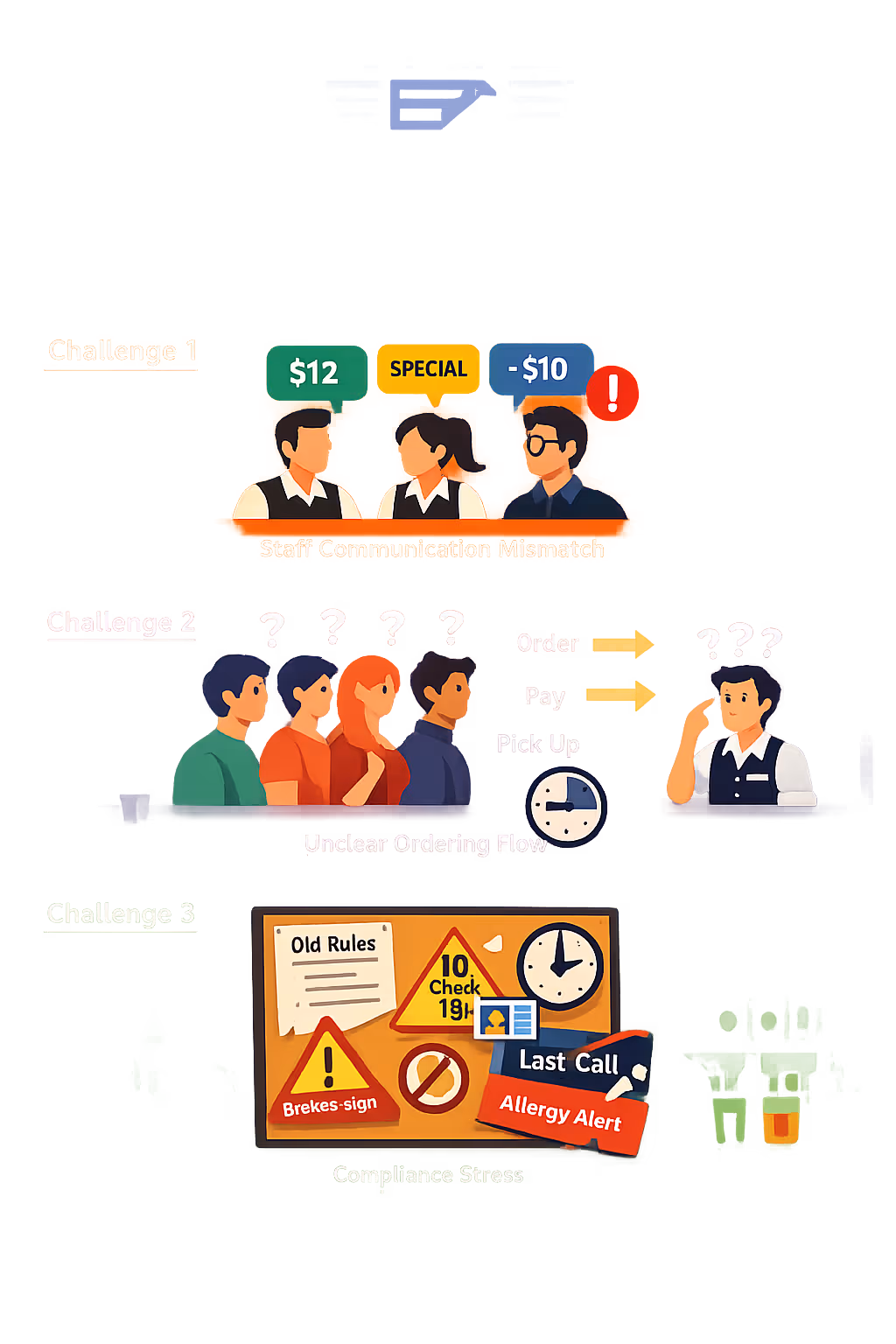 Bar digital signage challenges in a busy venue: unclear ordering process, inconsistent menu updates, and missed event communication