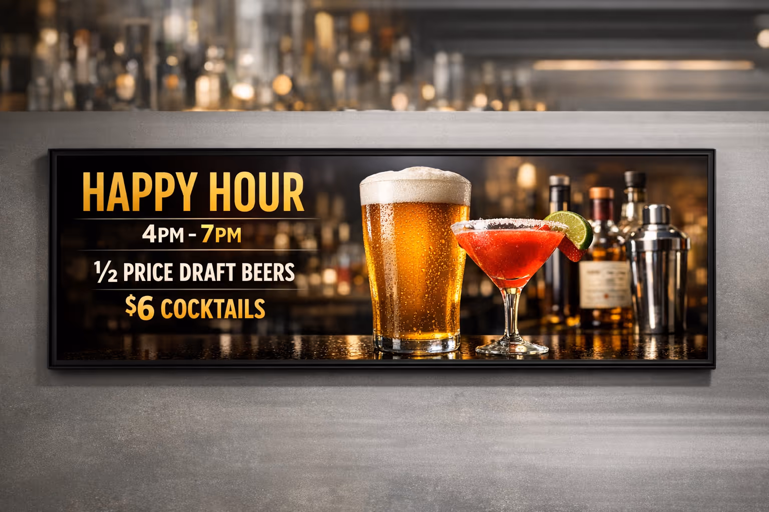 Bar digital signage on screens powered by Disign