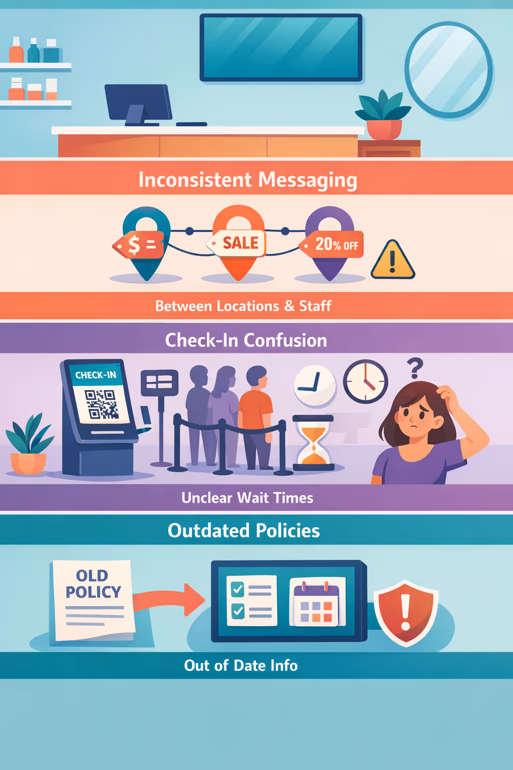 Beauty industry digital signage challenges in a salon: unclear check-in guidance, inconsistent service updates, and outdated guest information