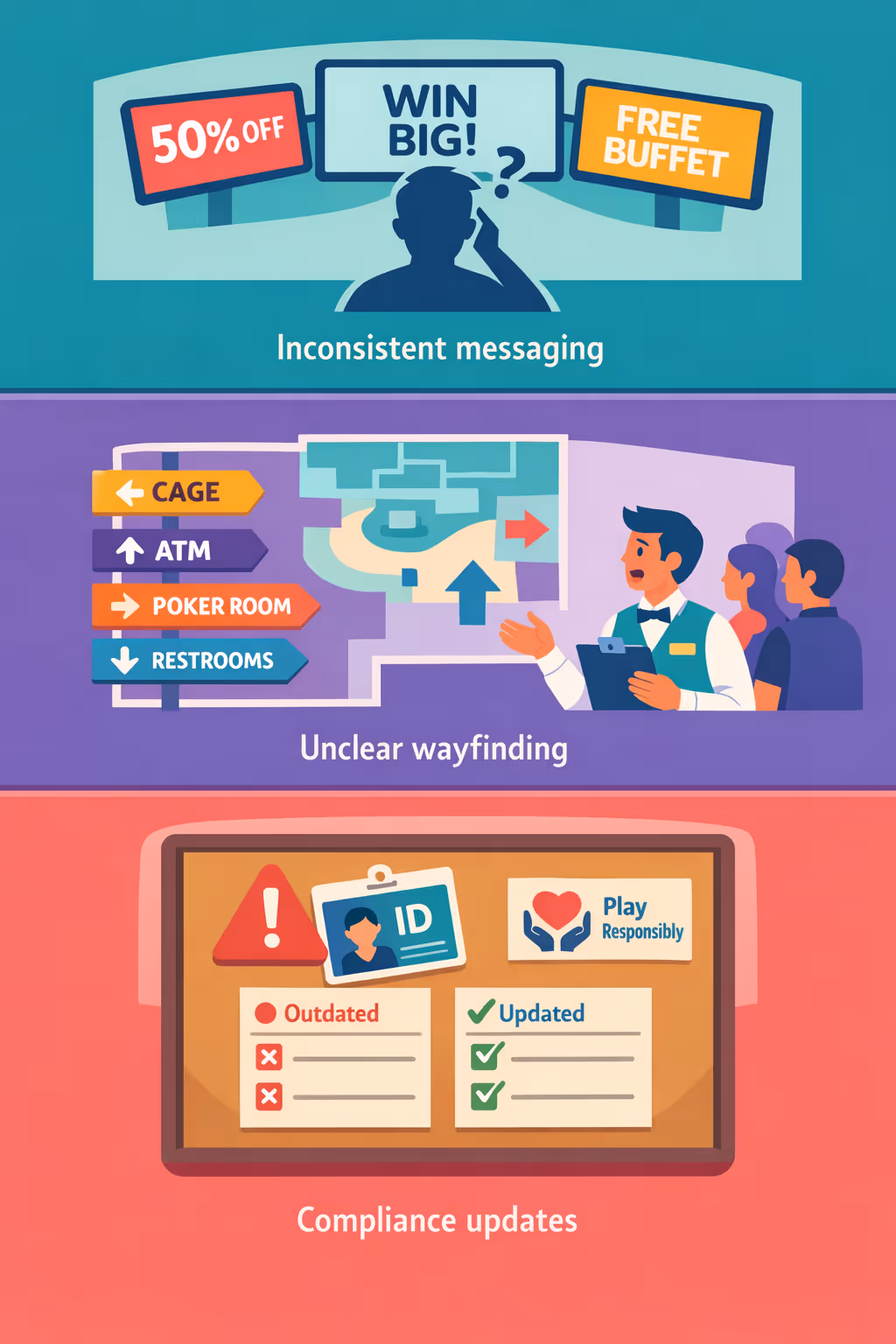 Casino digital signage challenges: inconsistent promotions, unclear wayfinding, and outdated compliance messages across the casino floor