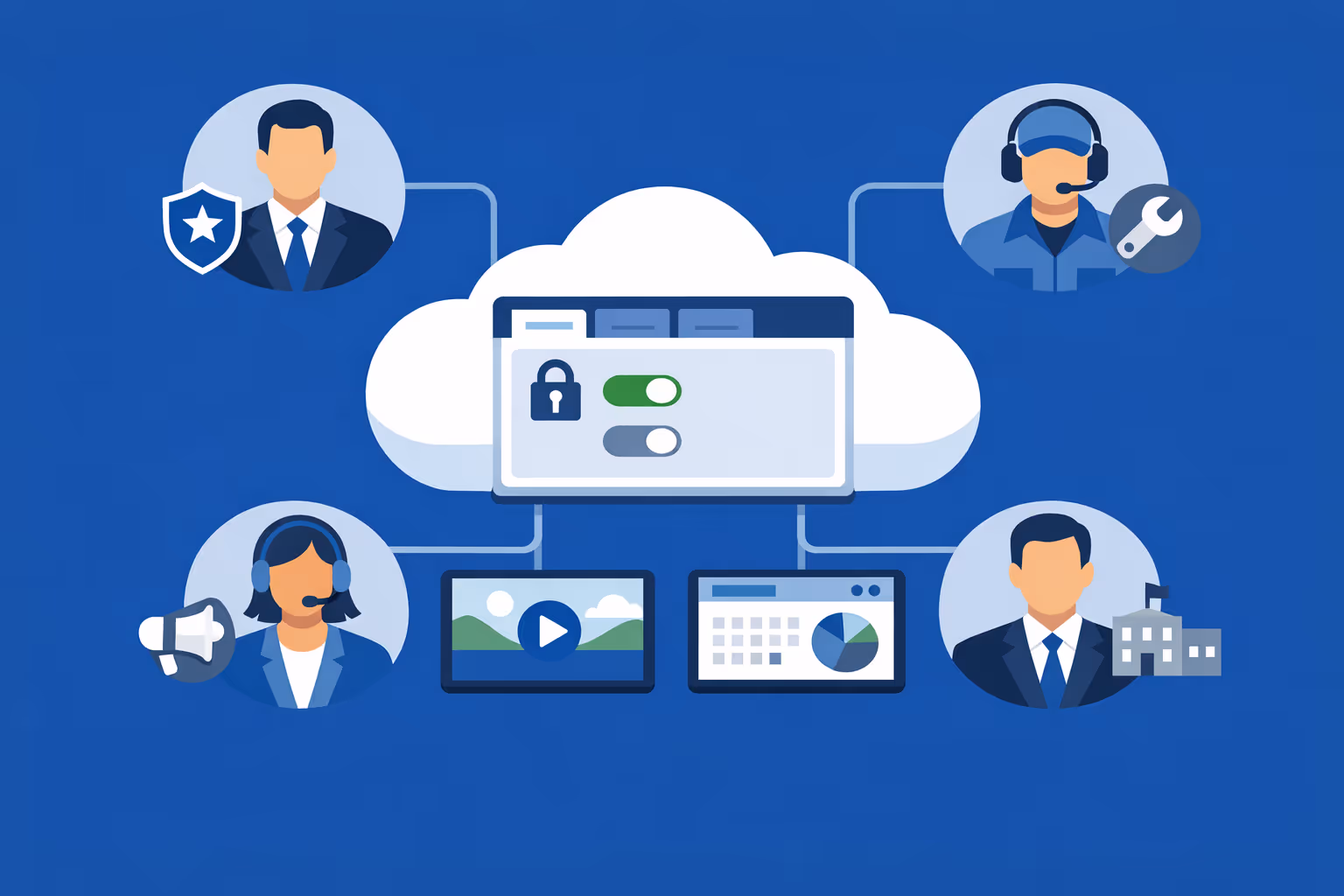 Equipos gubernamentales colaborando en affichage dynamique con acceso basado en roles y controles de publicación seguros