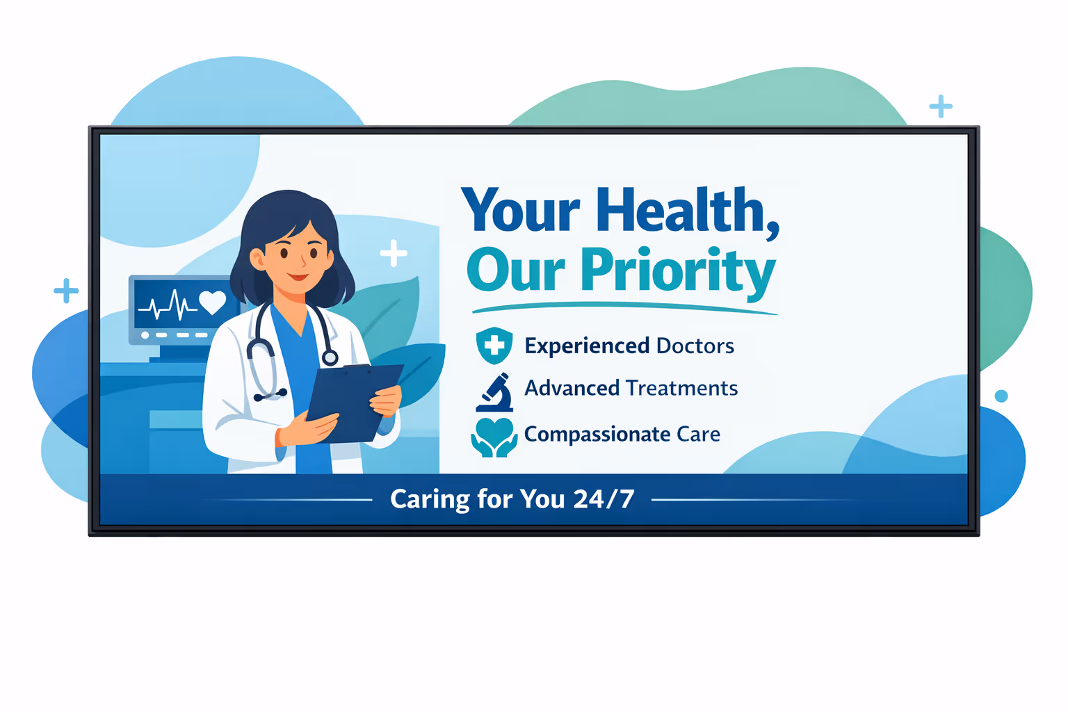 Hospital digital signage screen in a modern hospital lobby powered by Disign