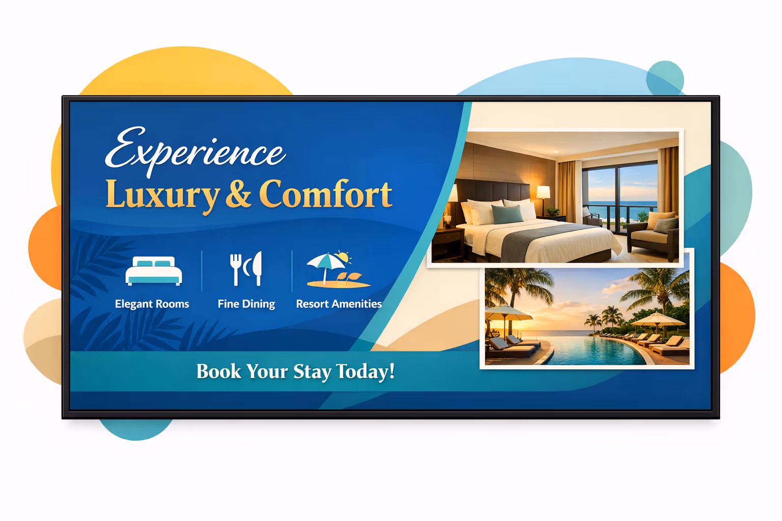 Hotel digital signage screen in a modern hotel lobby powered by Disign