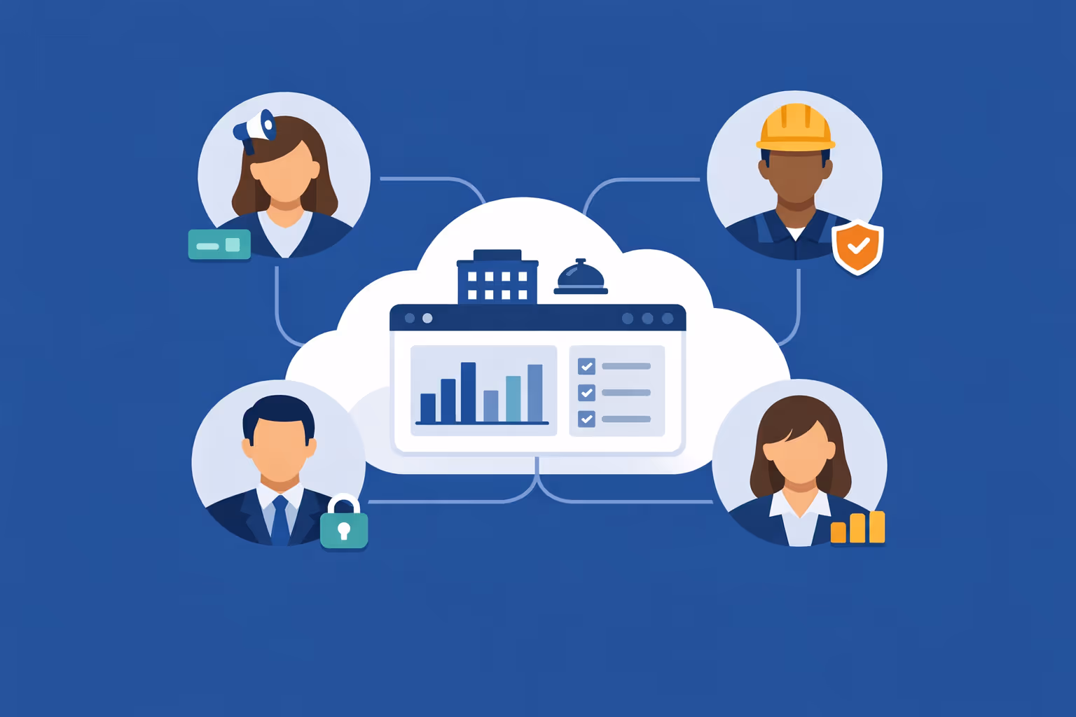 Colaboración del equipo de carteles digitales de hotel con acceso basado en roles para marketing, operaciones y gerentes de propiedades