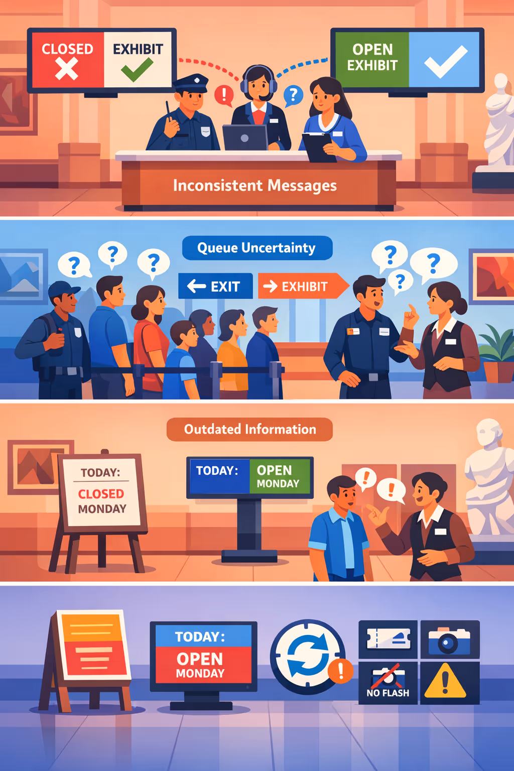 Museum digital signage challenges: unclear entry guidance, inconsistent exhibit updates, and outdated visitor information