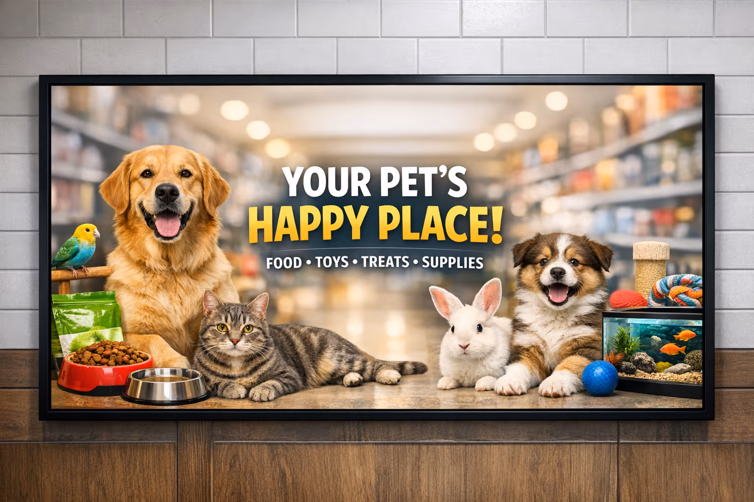 Pet store digital signage powered by Disign to share offers, grooming updates, and store info on screens
