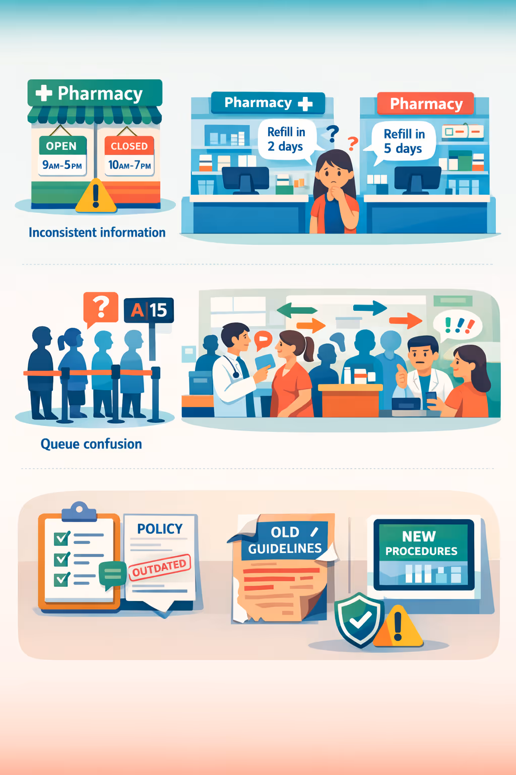 Pharmacy digital signage challenges in a branch: unclear queue guidance, inconsistent service updates, and outdated customer information