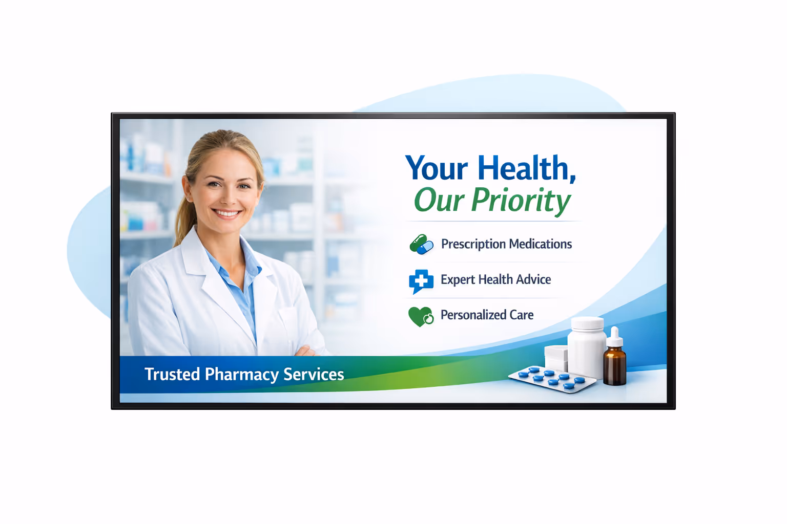 Pharmacy digital signage scheduling dashboard for centralized multi location content management
