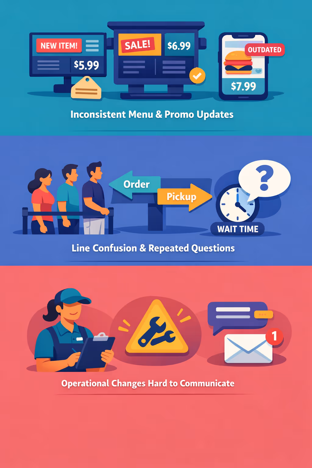 Quick service restaurant QSR digital signage challenges: unclear queue guidance, inconsistent menu and promo updates, and outdated guest information in store