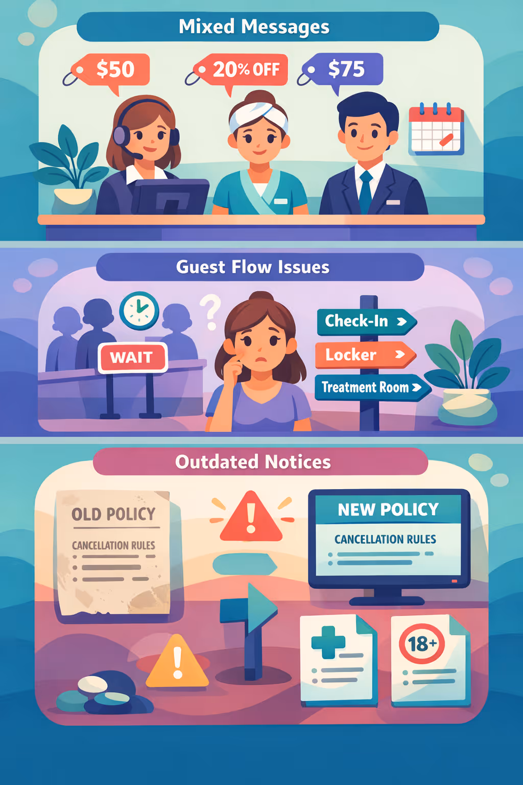 Spa digital signage challenges in a spa location: inconsistent treatment updates, unclear guest guidance, and outdated wellness information