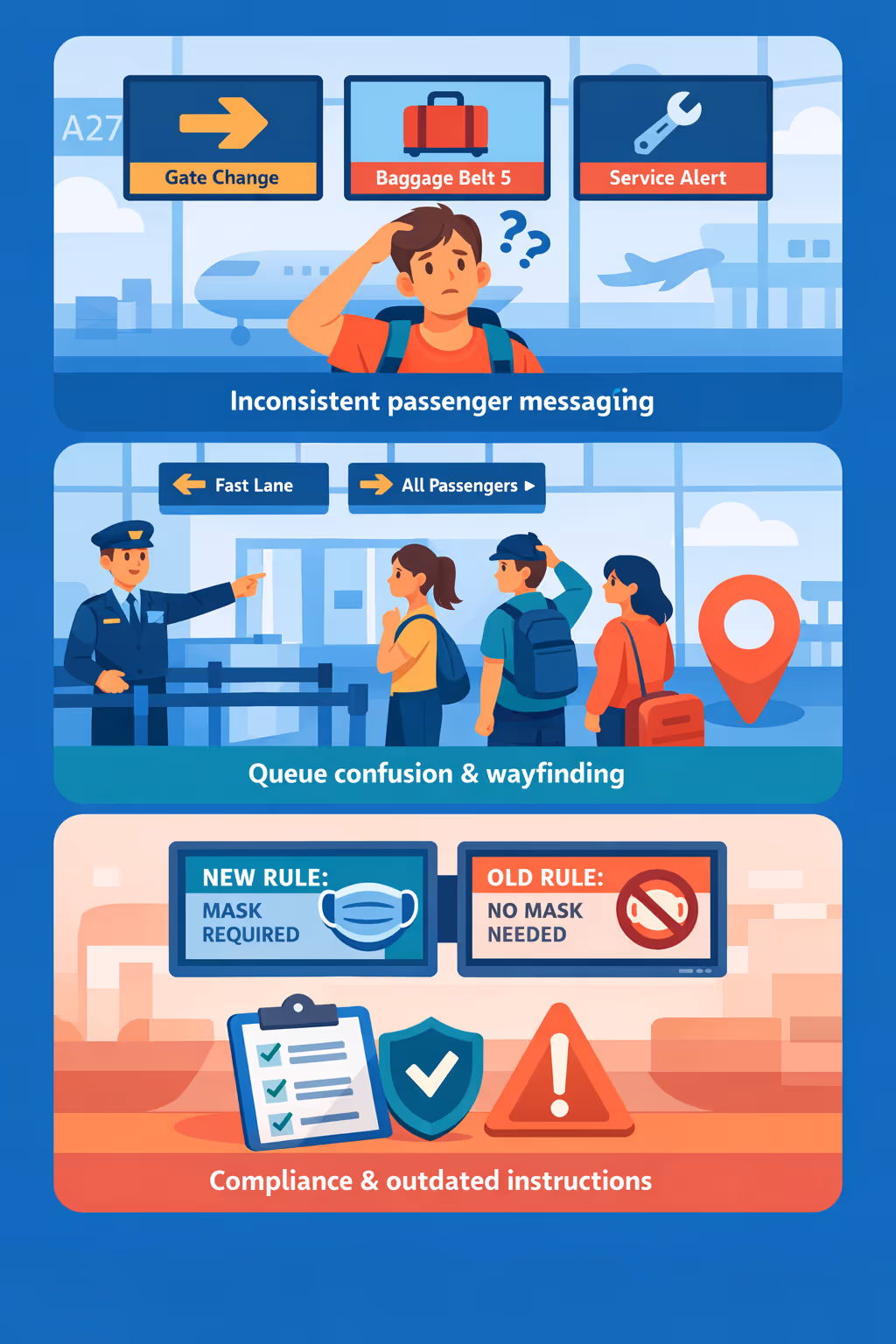 Airport digital signage challenges: unclear wayfinding, inconsistent queue guidance, and outdated passenger updates across the terminal