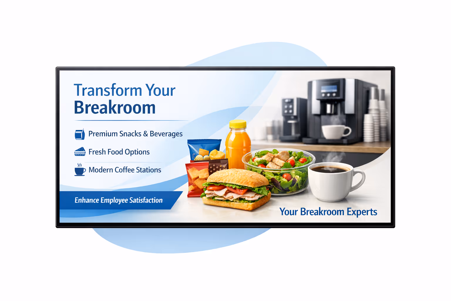 Breakroom digital signage dashboard showing scheduling, device monitoring, and content governance