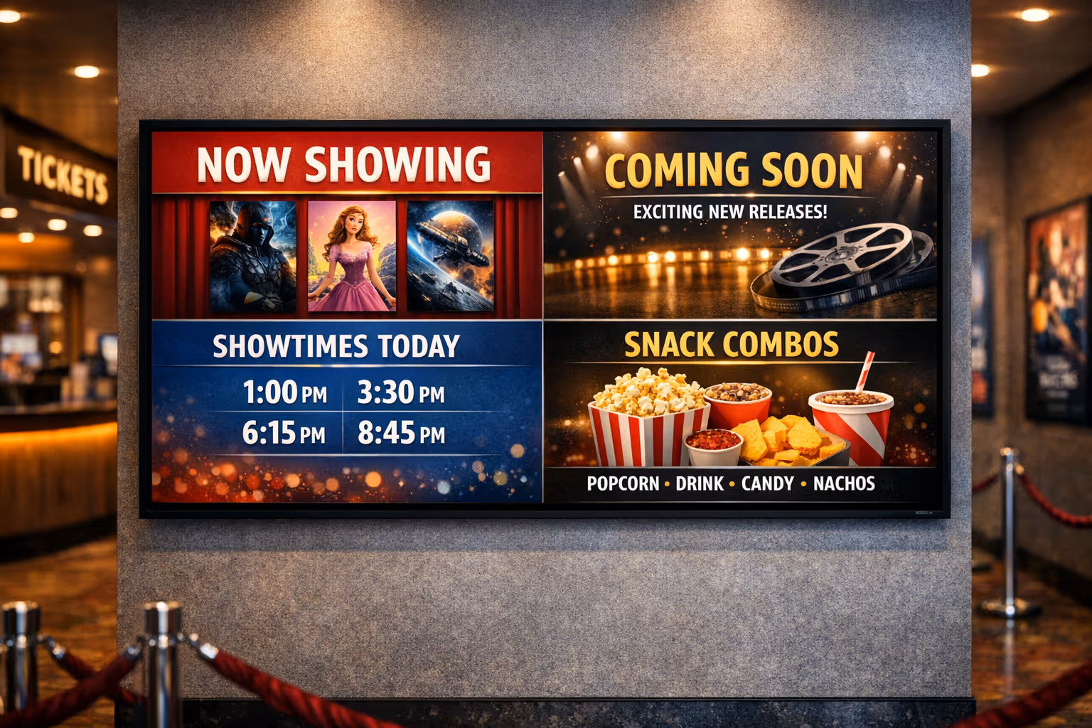 Cinema digital signage with Disign showing showtimes, promos, and queue guidance on screens