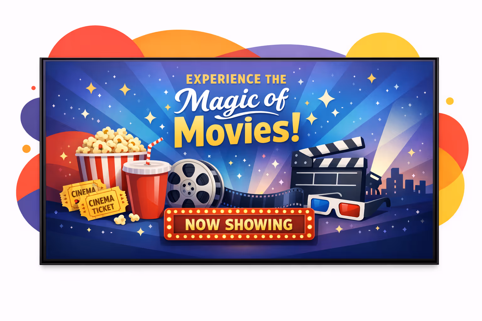 Cinema digital signage showing showtimes and promotions in a modern theater lobby powered by Disign