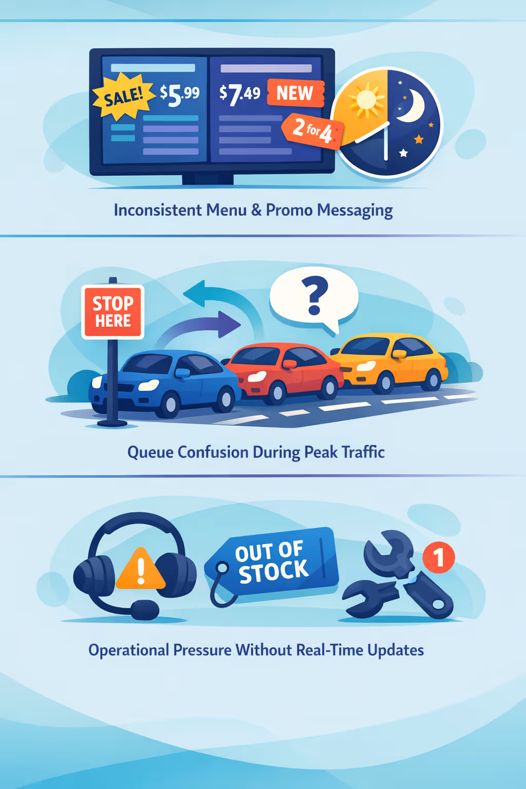 Drive thru digital signage challenges: unclear menu updates, inconsistent pricing, long queues, and missed order instructions