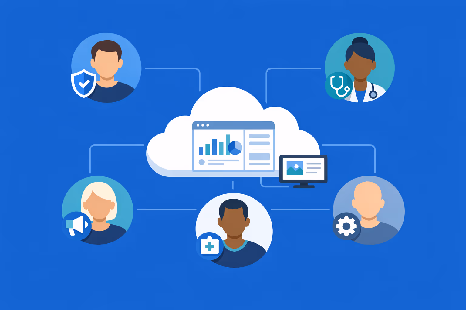 Affichage dynamique médical avec collaboration multi-utilisateur, montrant des accès basés sur des rôles pour les équipes cliniques, communication et opérations