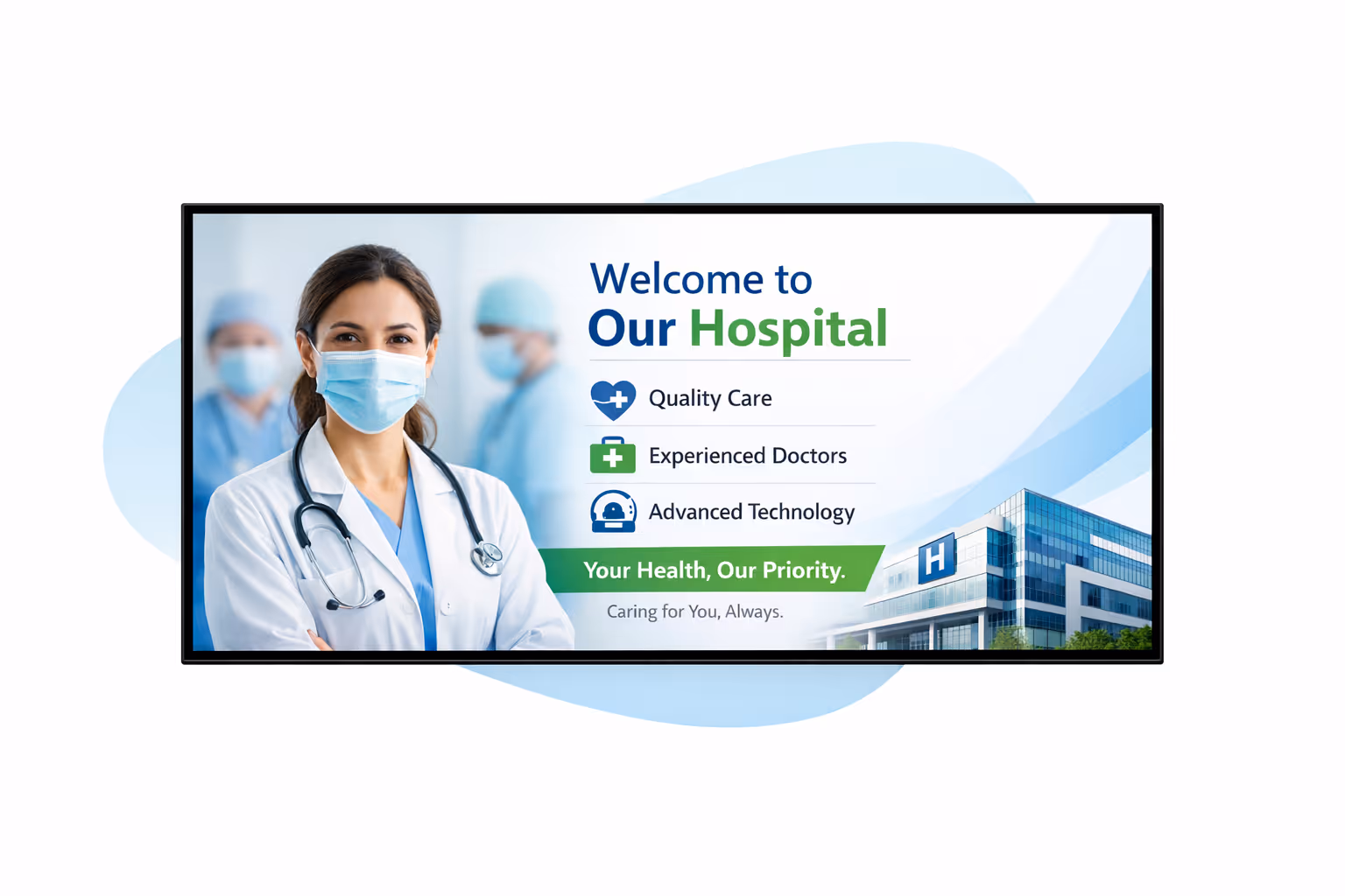Hospital digital signage dashboard for secure scheduling, approvals, and device monitoring