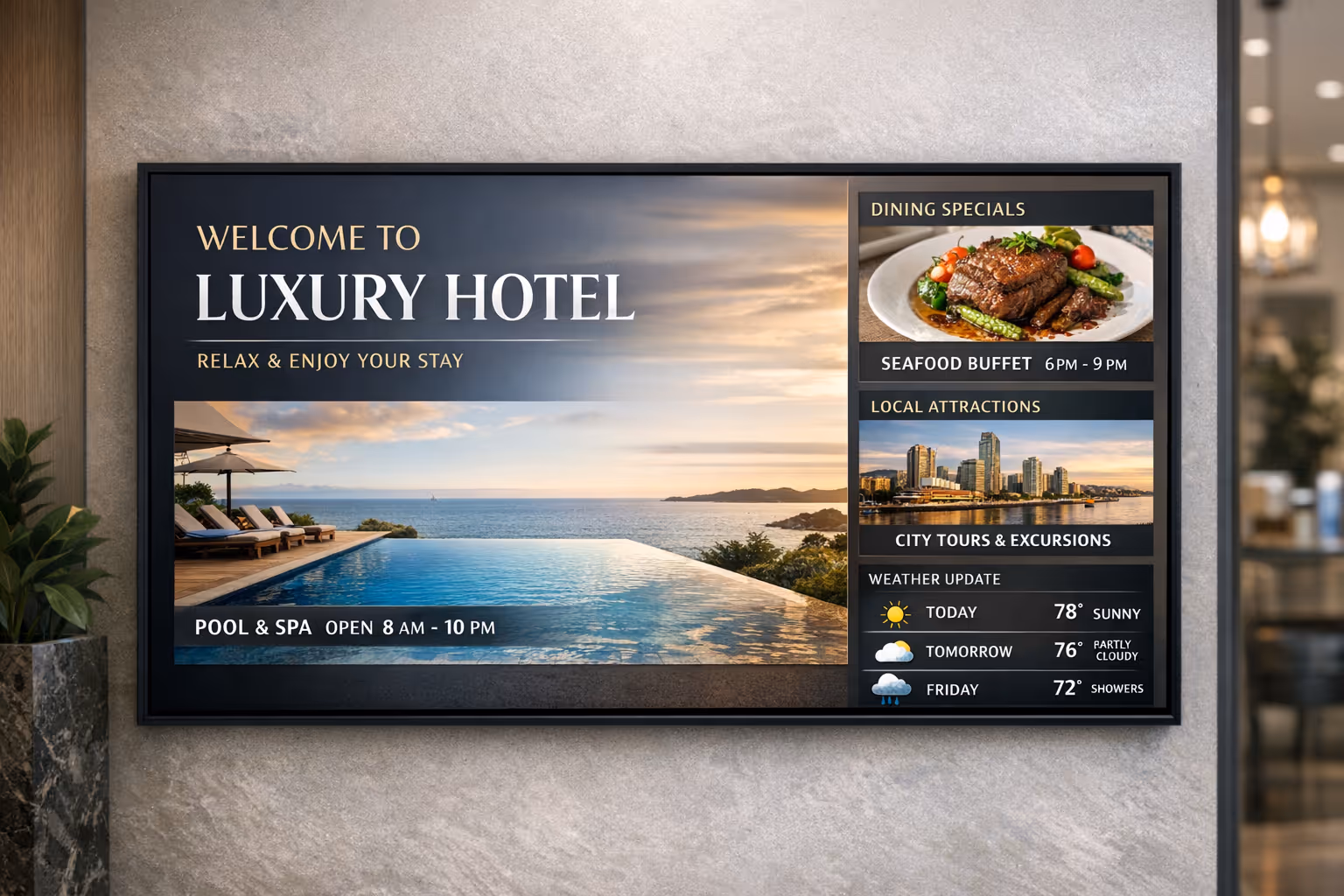 Hospitality digital signage displaying hotel and restaurant updates managed with Disign