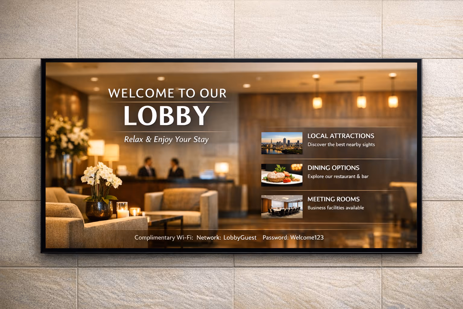 Lobby digital signage showing real-time updates and welcome messages powered by Disign
