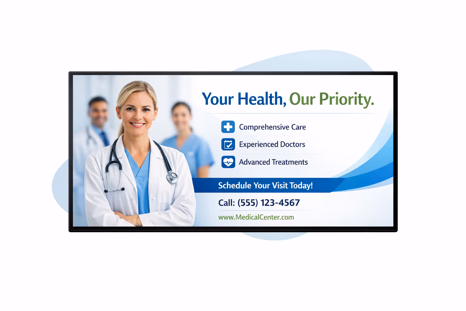 Medical center digital signage dashboard for scheduling content across clinics and waiting areas