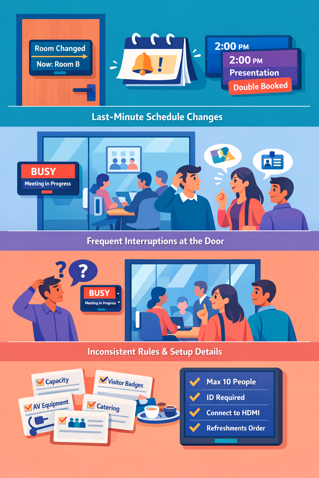 Meeting and conference room digital signage challenges: unclear room availability, last-minute schedule changes, and missing check-in instructions