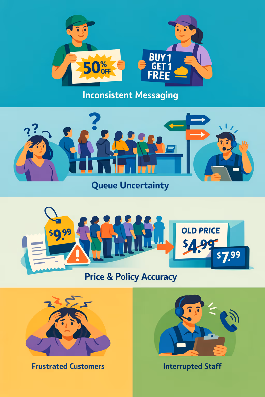 Retail digital signage challenges in a store: unclear promotions, inconsistent pricing updates, long queues, and outdated customer guidance