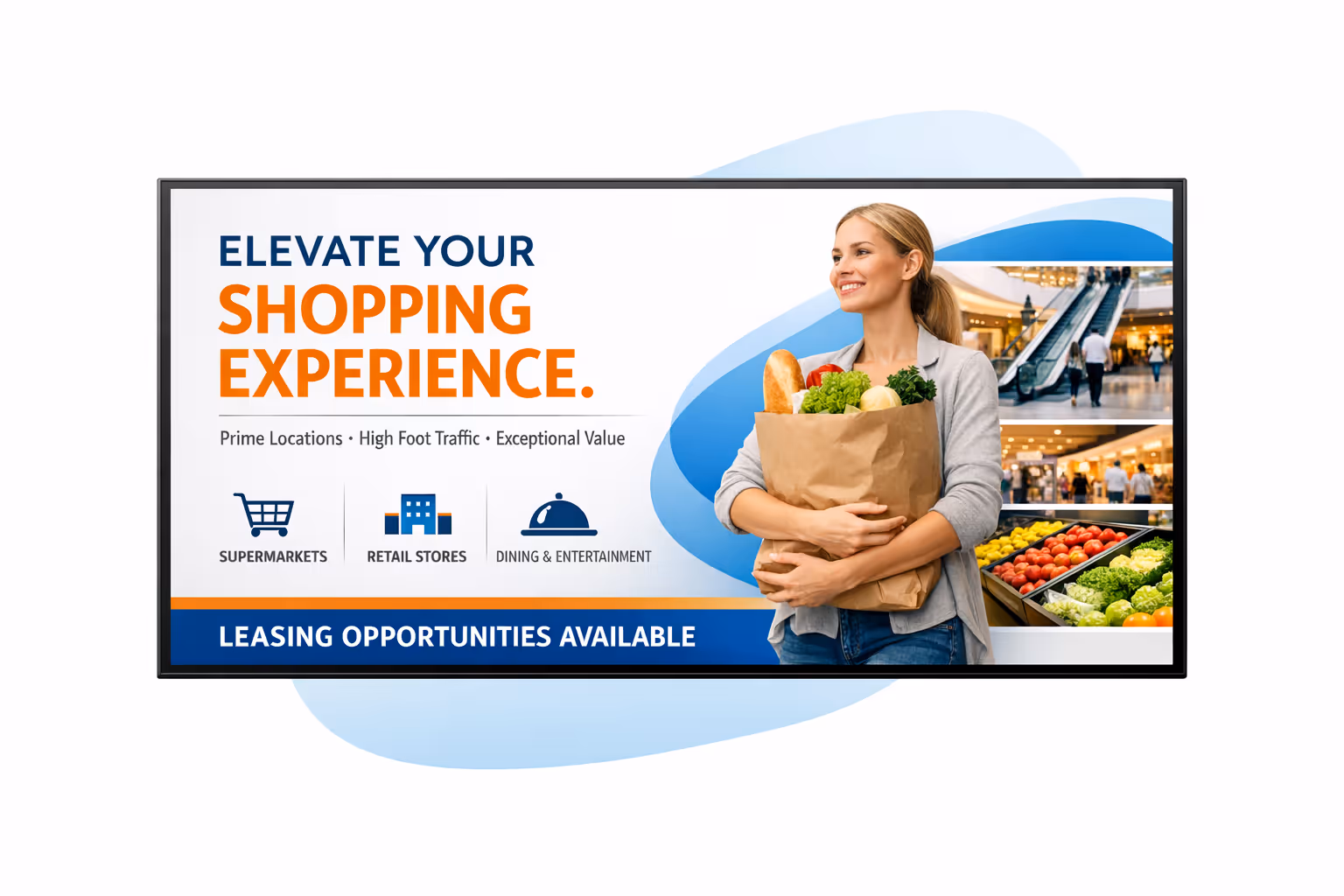 Supermarket and shopping mall digital signage platform showing scheduling, multi-site management, and device monitoring