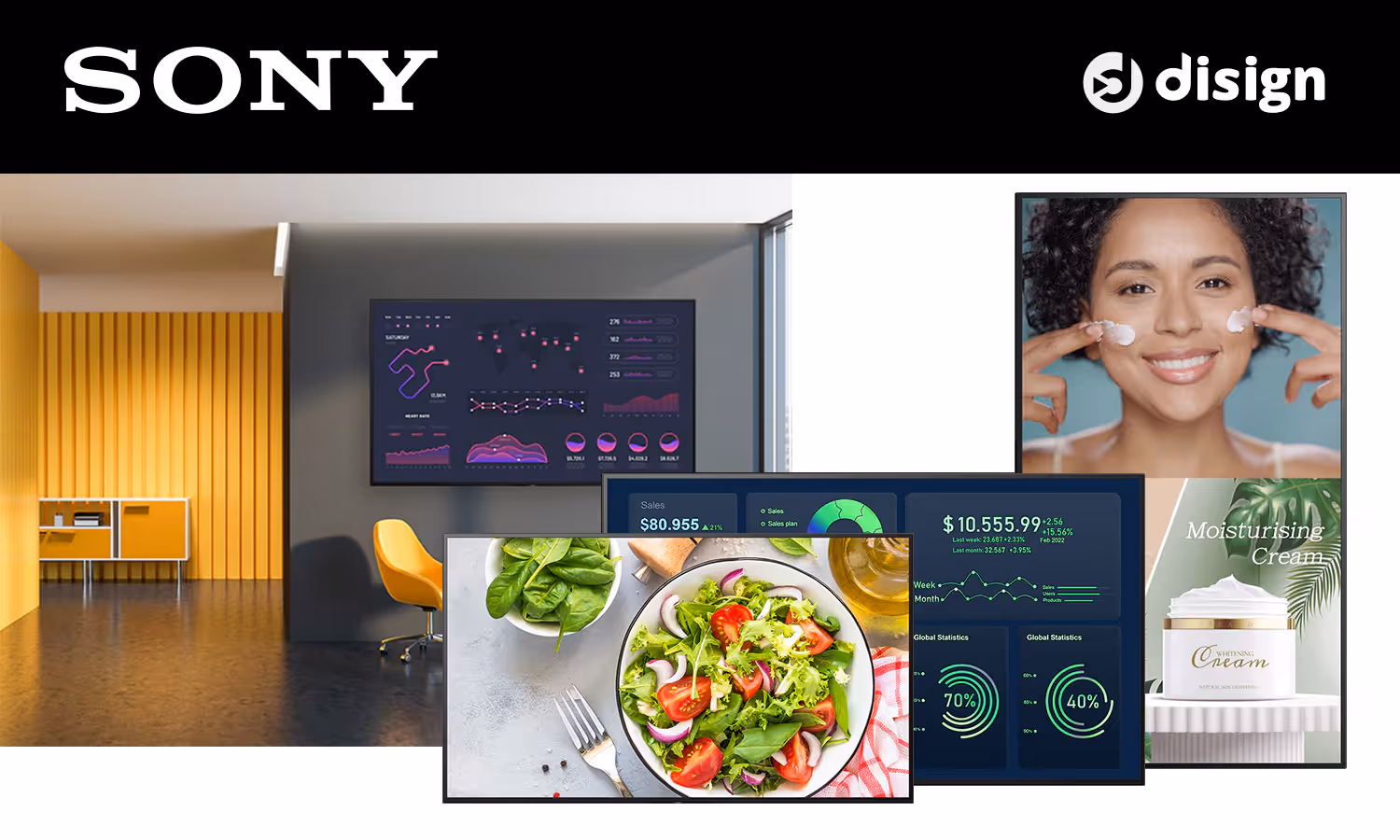 Écran professionnel Sony BRAVIA exécutant un contenu d'affichage dynamique géré dans Disign