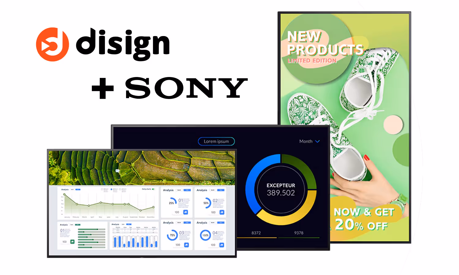 Sony professional digital signage displays showing a campaign managed with Disign on Sony BRAVIA screens