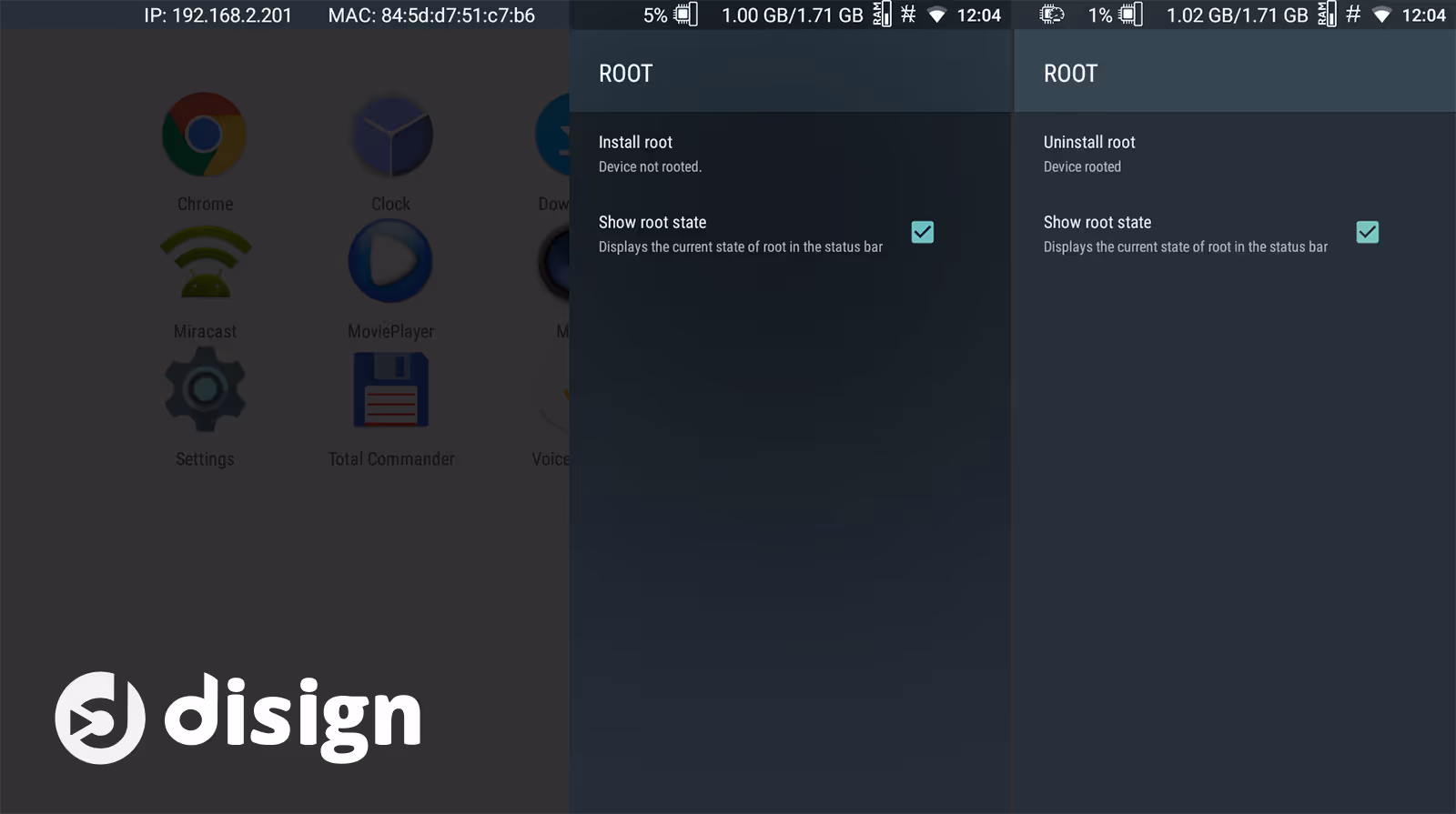 Root settings Android device used for digital signage configuration