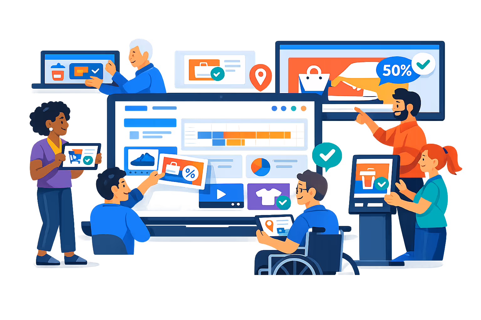 Disign team helping set up advertising indoor digital signage for in store campaigns