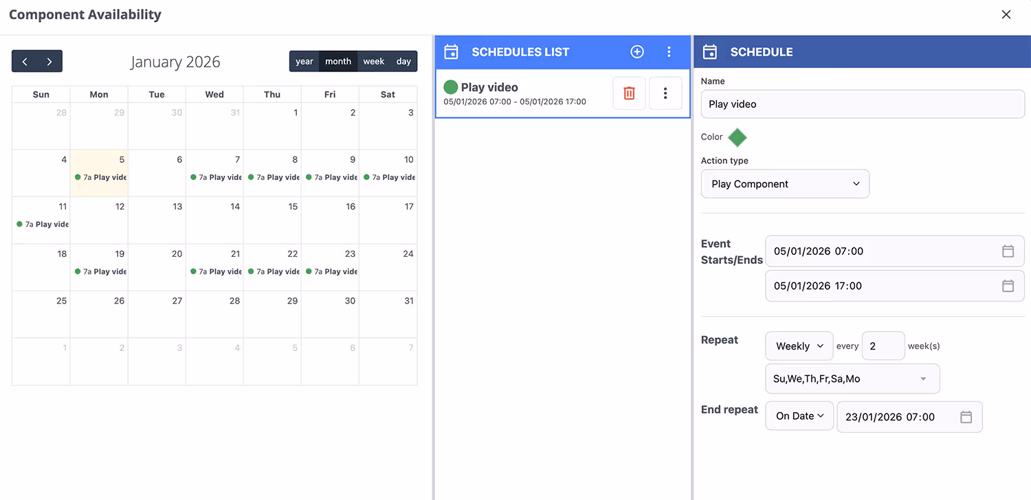 Advertising digital signage campaign scheduling per media and component.