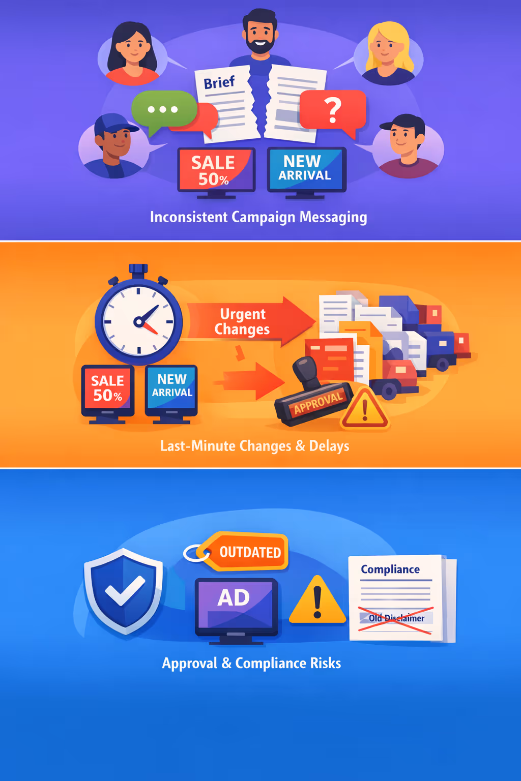 Advertising digital signage communication challenges: inconsistent campaign updates, last-minute changes, and fragmented approvals across teams