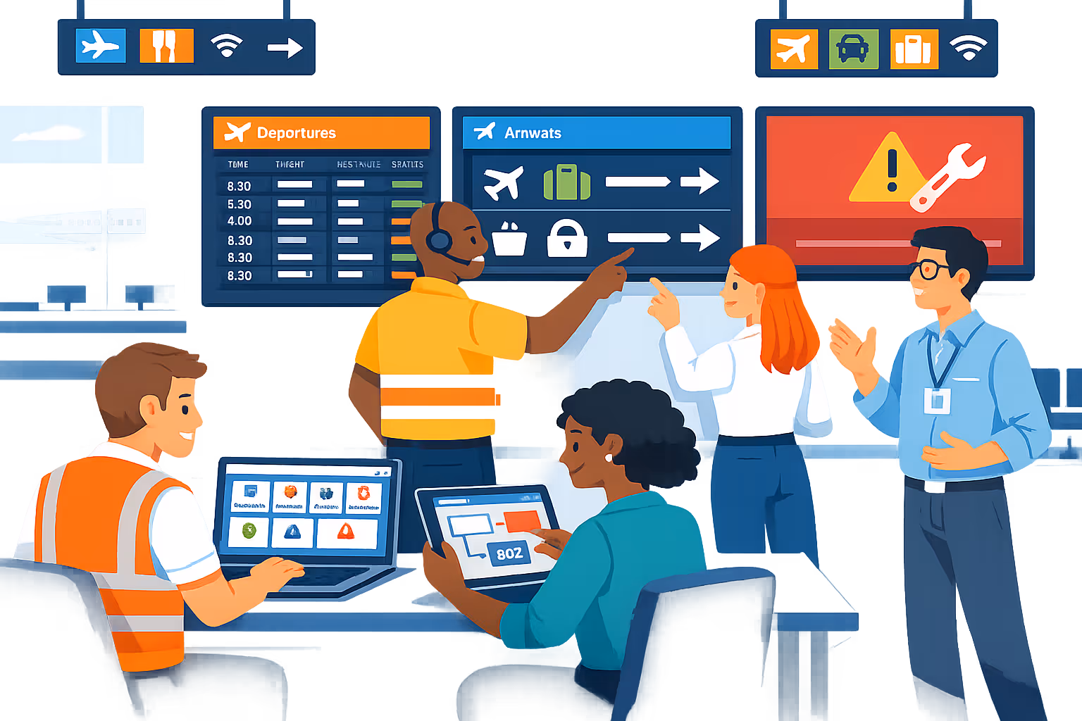 Team reviewing airport digital signage content in Disign