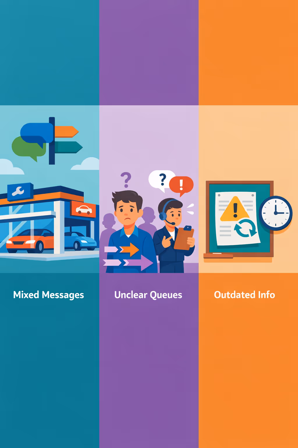 Car dealership digital signage challenges in a branch including unclear queue guidance, inconsistent service updates, and outdated customer information