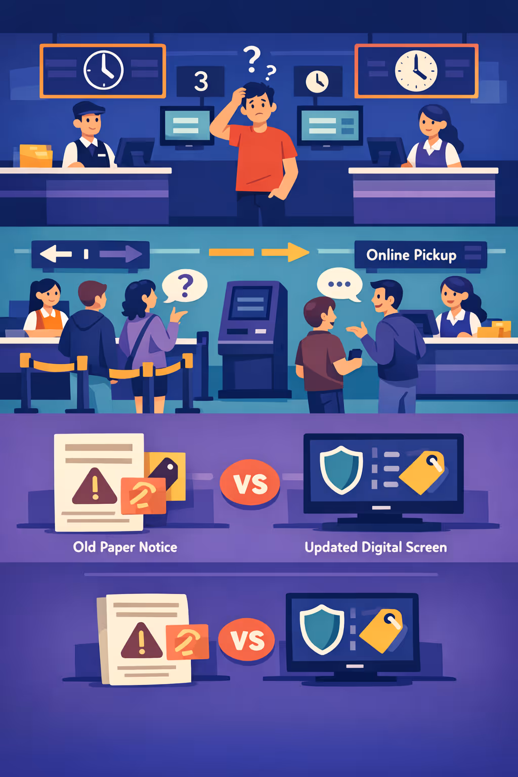Cinema digital signage challenges: unclear queue guidance, inconsistent showtime updates, and outdated guest information at the venue