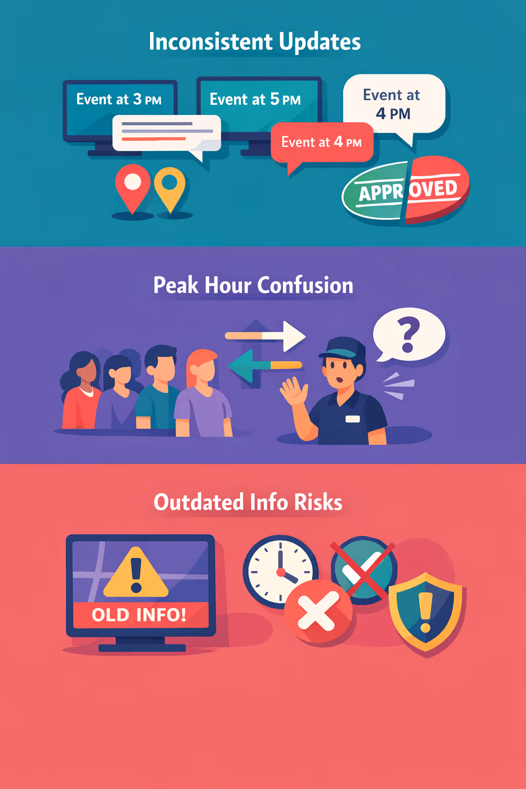 Entertainment digital signage challenges in venues: unclear entry guidance, inconsistent event updates, and outdated guest information