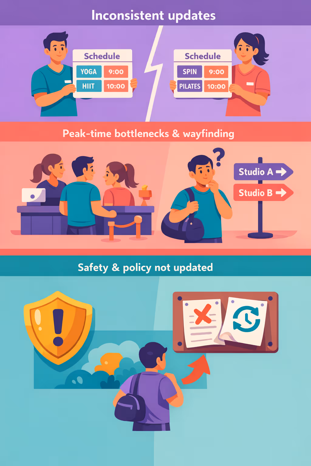 Fitness digital signage challenges in a gym: unclear class updates, inconsistent member guidance, and outdated on-site information