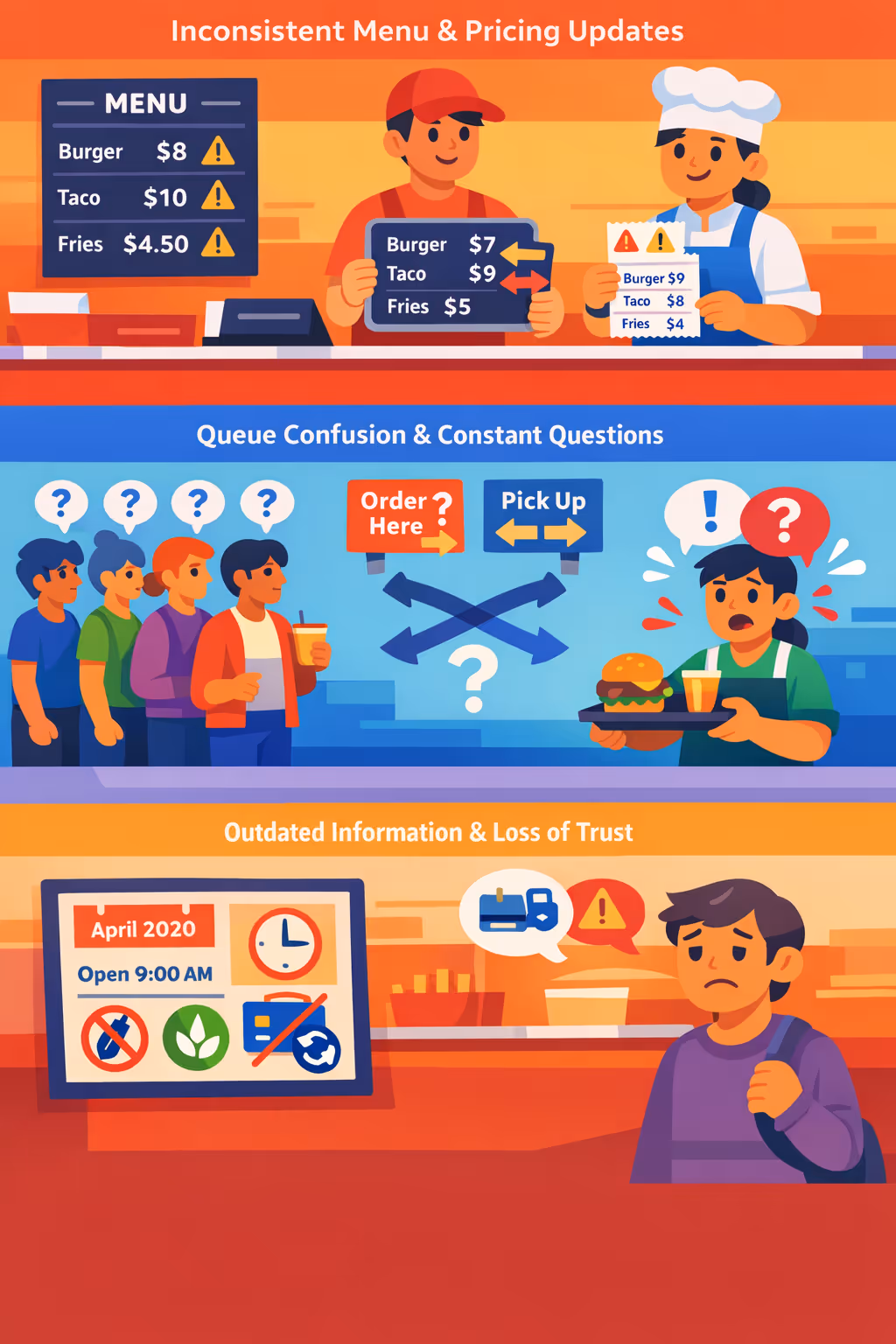 Food truck digital signage challenges: unclear menu and pricing updates, slow-moving queues, and inconsistent service messages during peak hours