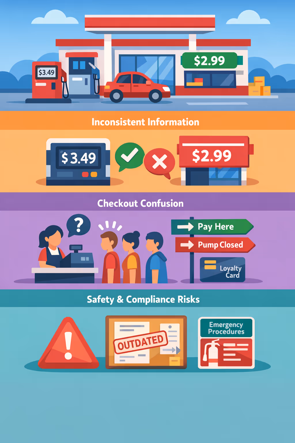 Gas station digital signage challenges: unclear pump guidance, inconsistent in-store promotions, and outdated safety and service information