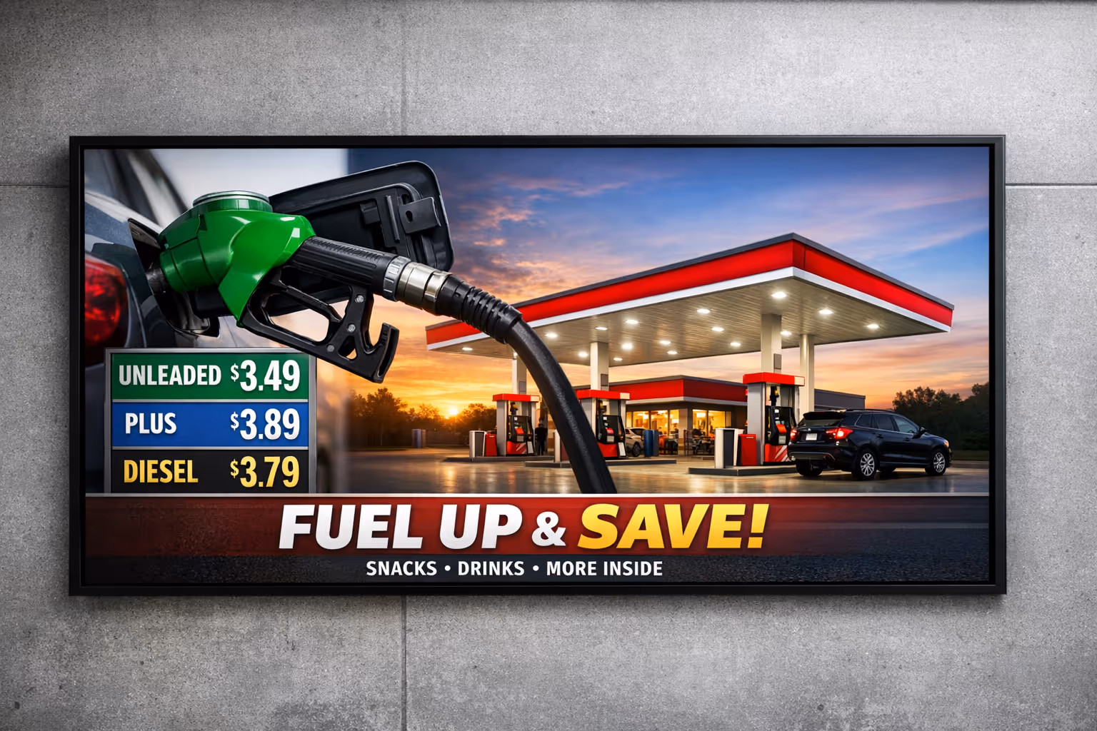 Gas station digital signage powered by Disign to promote offers and guide customers
