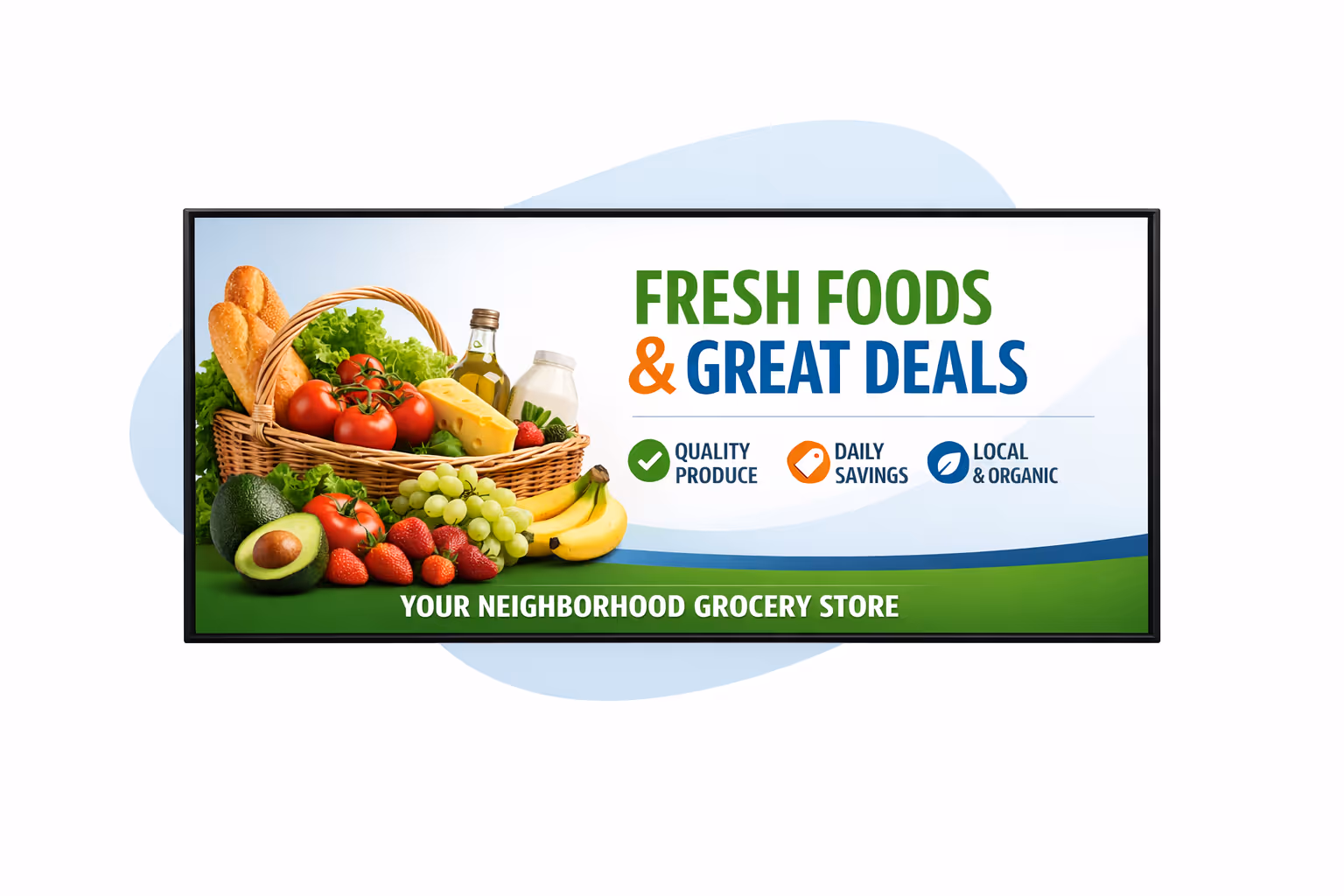 Grocery store digital signage dashboard showing scheduling, multi-store targeting, and device monitoring