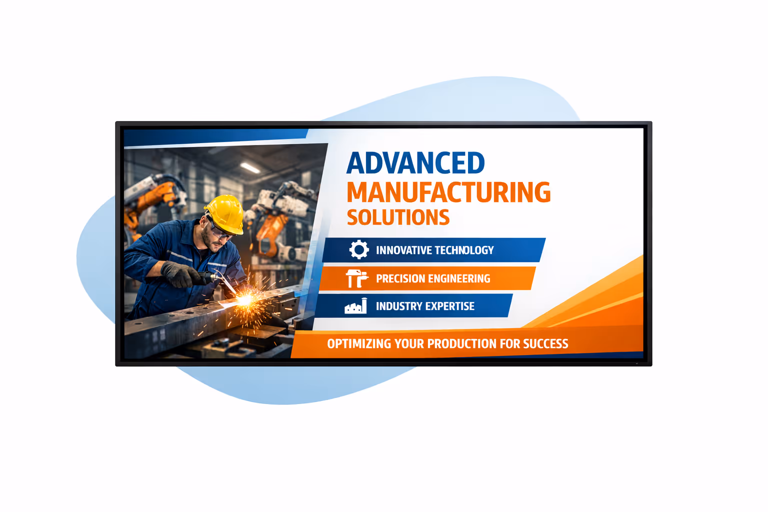 Manufacturing digital signage dashboard showing shift scheduling, safety KPIs, and multi-site screen management